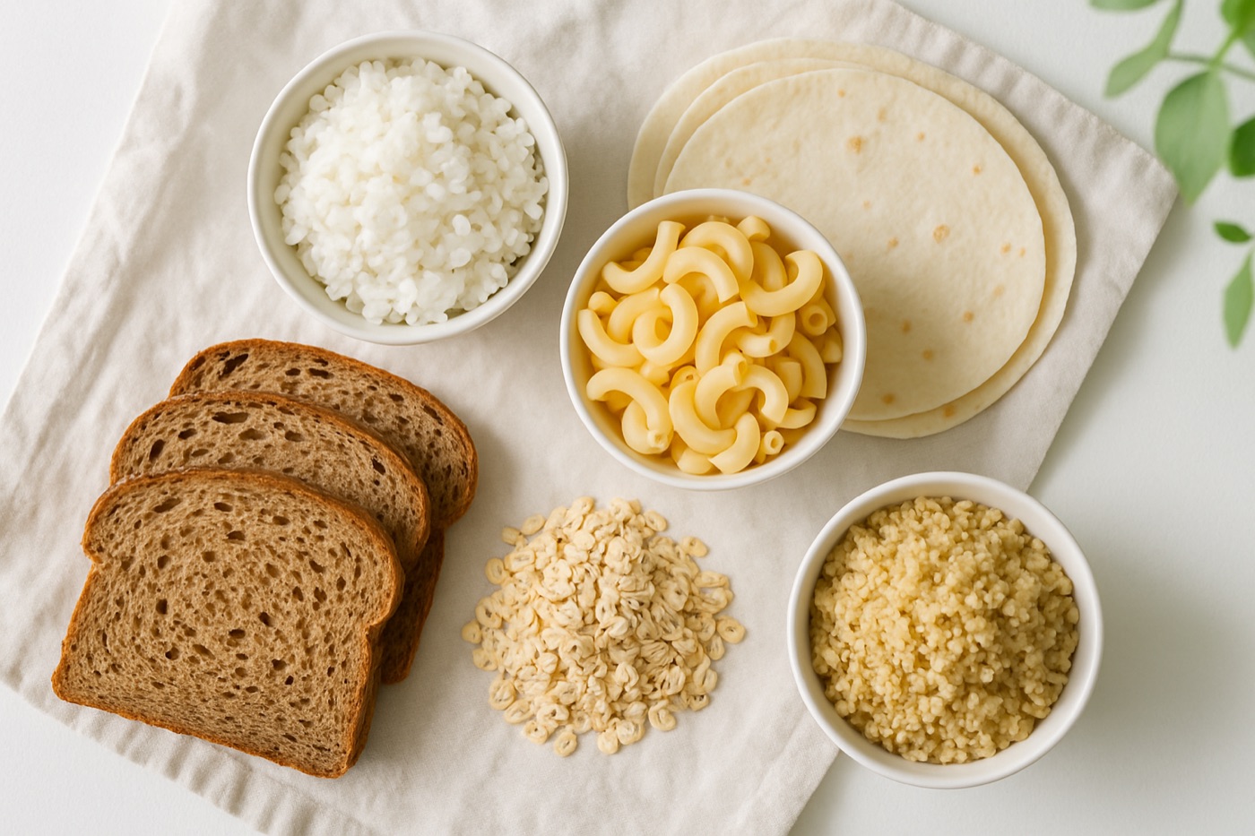 Bowls of cooked rice, pasta and quinoa beside sliced whole-grain bread, rolled oats and tortillas on a linen cloth