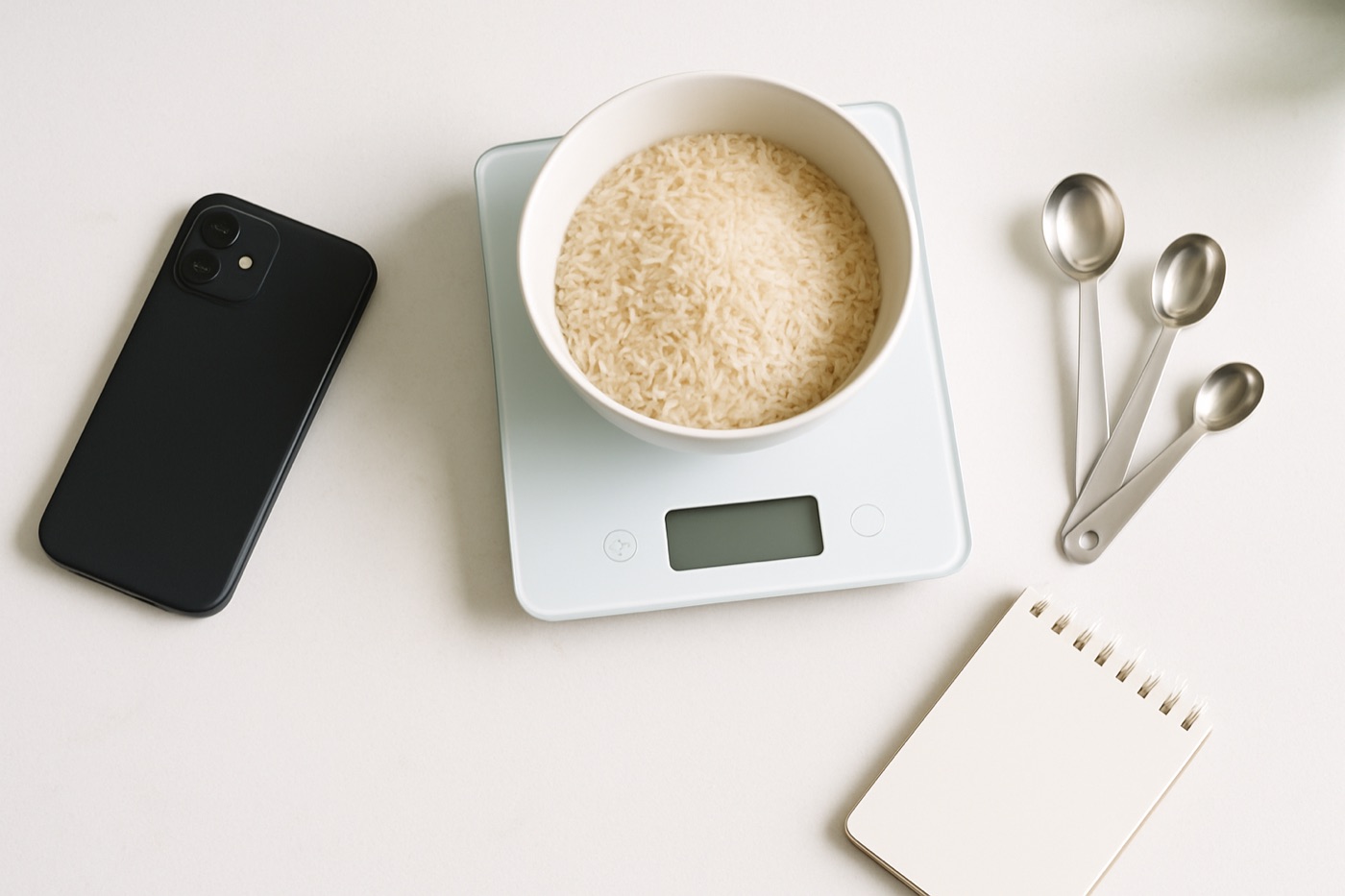 A kitchen counter with a phone, a digital kitchen scale holding a bowl of rice, measuring spoons and a notebook