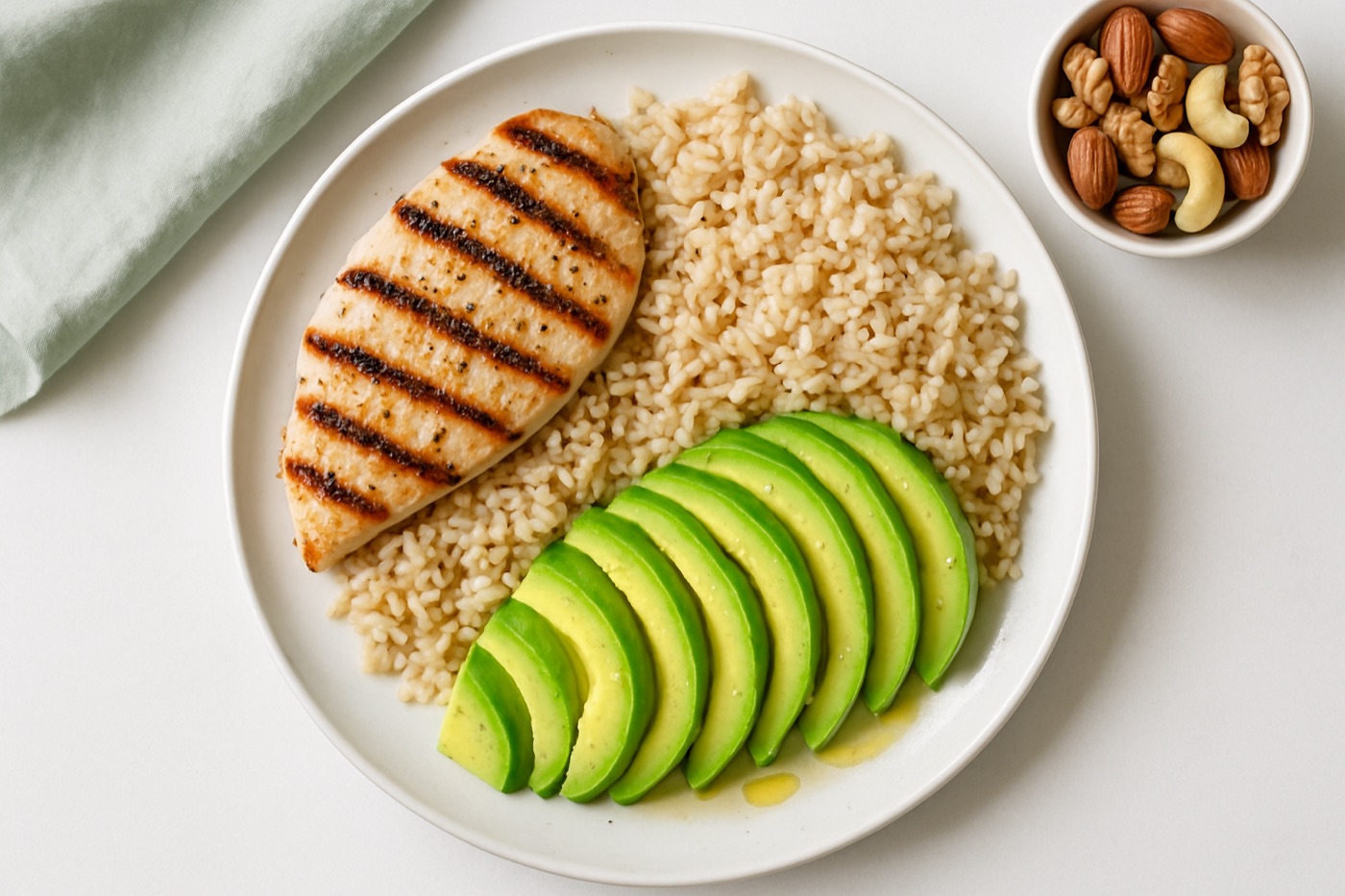 A plate divided into grilled chicken, brown rice and avocado with olive oil, next to a phone showing a simple pie chart