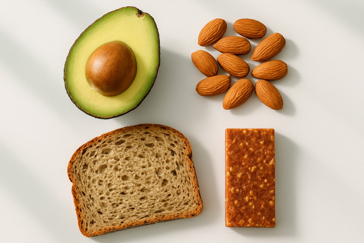 An avocado, a handful of almonds, a slice of seeded bread and a low-sugar snack bar beside a nutrition label