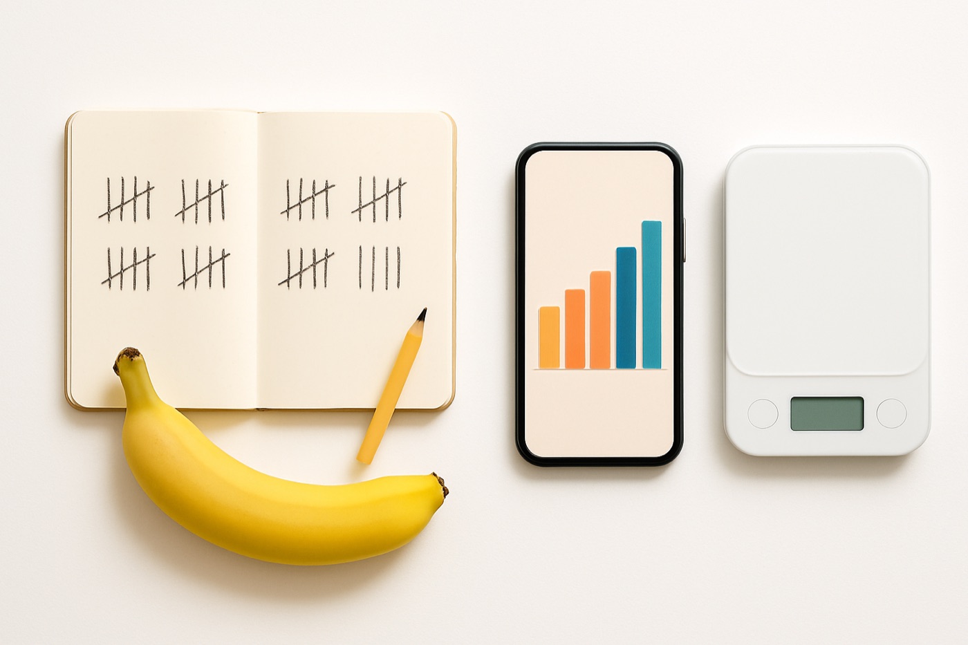 A paper notebook with tally marks and a banana on one side, a phone with a weekly chart and a kitchen scale on the other